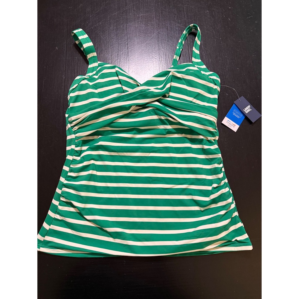 Lands End Green White Striped Twist Front Tankini Swim Top Size 8 NWT
